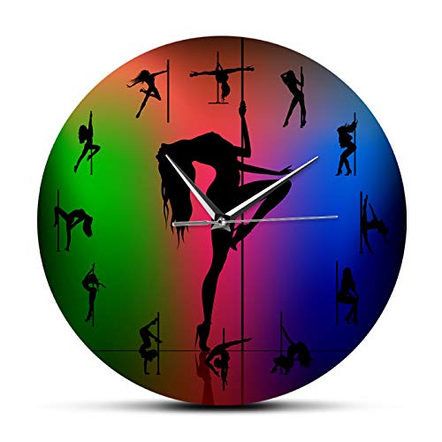 12 Inch Pole Dancers Fine Art Print Wall Clock Fitness Exotic Dance Acrobat Wall Watch Striptease Pole Dancing Pub Bar Club Decor Silent Non Ticking Battery Operated Nice Gifts Hanging Watch