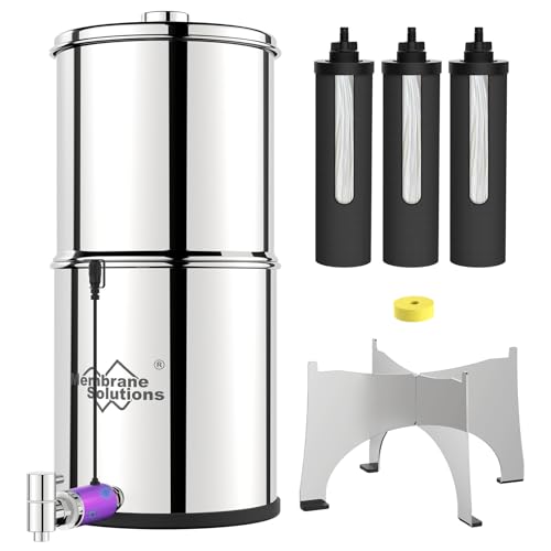 Membrane Solutions UV Countertop Water Filtration System, Stainless Steel 2.25G Gravity Water Filter with 3 Pack 0.1-Micron UF Filters, for Home, Camping, and RVing (U3P)