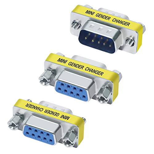 DTECH 3-Pack Serial Adapter Female to Female DB9 Gender Changer Female to Male 9 Pin Connector Male to Male RS232 Coupler Mini Size for PC Computer Data Transfer
