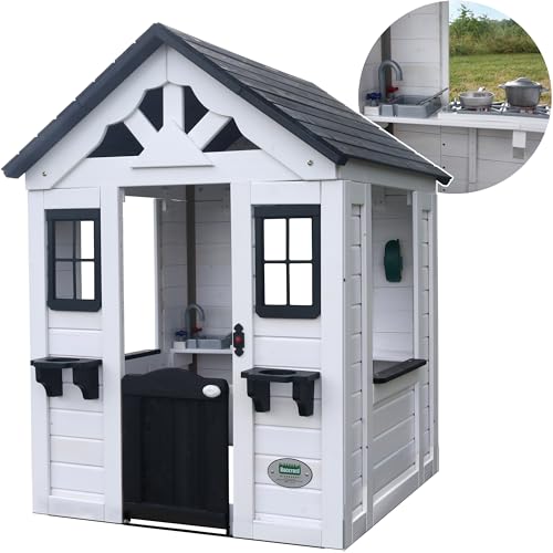 Backyard Discovery Sweetwater All Cedar White Modern Outdoor Wooden Playhouse, Cottage, Sink, Stove, Windows, Kitchen with Pot and Pans and Utensils, Flowerpot Holders, Working Doorbell, Ages 2-6