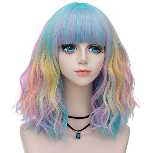 Amback Probeauty Short Rainbow Wig with Bangs Lolita Sweety Curly for Women Anime Cosplay Wig + Wig Cap 16 Inch