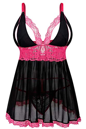 Donnalla Women's Sexy Plus Size Lingerie - Split Cup Lace Babydoll Sleepwear Chemise Set (Black,3XL)