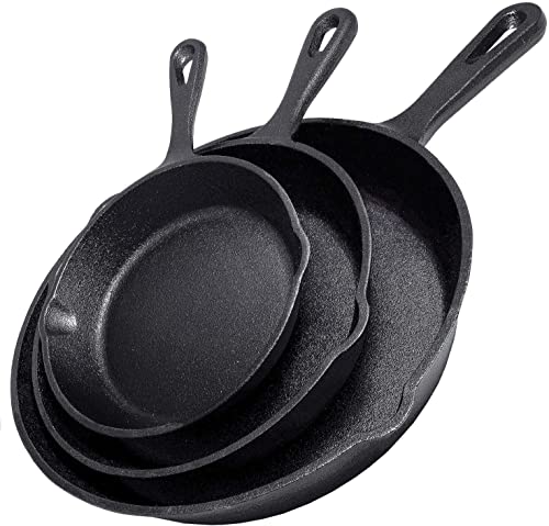 Simple Chef Cast Iron Skillet 3-Piece Set - Heavy-Duty Professional Restaurant Chef Quality Pre-Seasoned Pan Cookware Set - 10', 8', 6' Pans - For Frying, Saute, Cooking, Pizza & More,Black