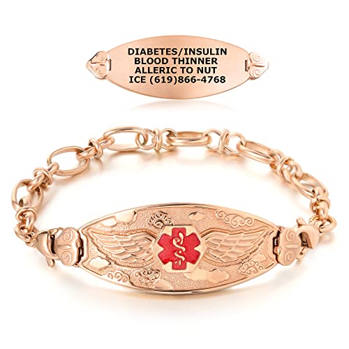 Divoti PVD Rose Gold Bow link Medical Alert Bracelet with Free Engraving and Angel Wing Tag– PVD Rose Gold/TP Red - 85