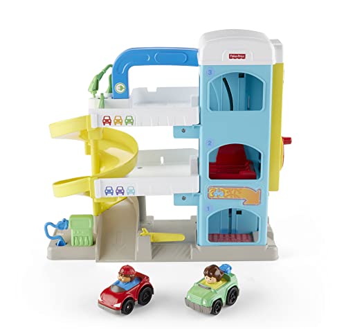 Fisher-Price Little People Toddler Toy Helpful Neighbor's Garage Playset with Spiral Ramp and 2 Wheelies Cars for Ages 18+ Months Multicolor