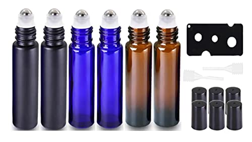 HINNASWA Essential Oil Roller Bottles, Empty Refillable Roll on Glass Bottles, Leak proof Glass Bottle, Stainless Steel Balls for Essential Oil (Amber, Blue, Black)