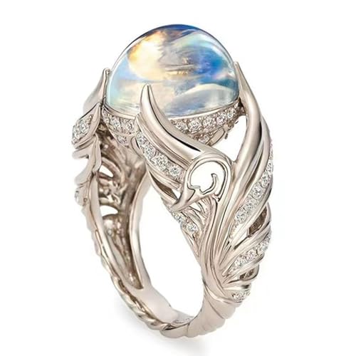 Blank Swan Colorful Stone Angel Wings Inlaid with Moonlight Stone Ring Carved Out Women's Ring Fashion Jewelry(US Size-9)