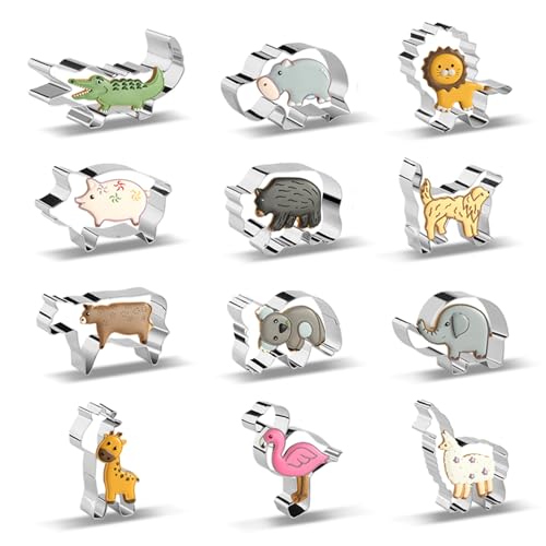 Animal Cookie Cutters for Kids, Safari Zoo Animals 12 PCS Cookie Cutters Set with Lion, Giraffe, Hippo, Panda, Koala, Elephant, Dog, Crocodile, Flamingo etc. (Gift Box)