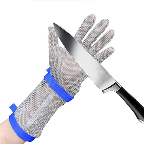 SJZ SUN RUN 15cm Long Chainmail Glove Stainless Steel Metal Mesh Gloves for Butcher with Extended Cuff Spring Strap M