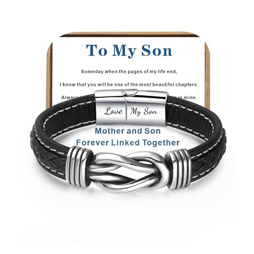 HNLUGF Mother and Son Forever Linked Together Braided Leather Bracelet, Men's Stainless Braided Leather Bracelet Inspirational Bangle Wristband, Christmas Birthday Gift for My Son (Silver, To My Son)