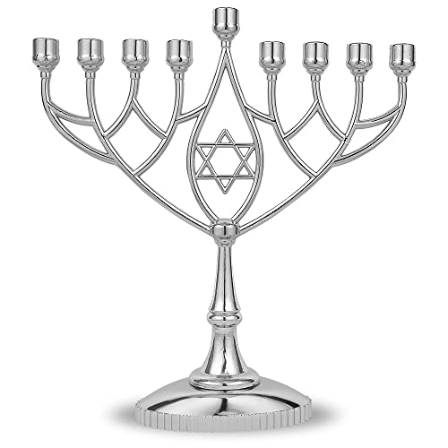 Traditional Classic Geometric Hanukkah Menorah 9' Silver Plated Chanukah Candle Minorah Fits Standard Hanukah Candles by Zion Judaica