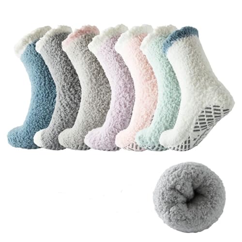 Bulinlulu Fuzzy Socks With Grips for Women,7 Pairs Non Slip Hospital Socks Sleep Warm Fluffy Socks Non-Skid Thick Slipper Socks with Grippers.Valentine's Day Gift