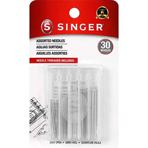 SINGER 07370 Hand Sewing Needles in Compact with Needle Threader, Assorted Sizes, 30-Count,