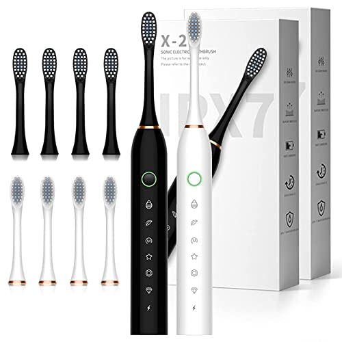 2 Pack Electric Toothbrush with 8 Brush Heads, 6 Modes 42000vpm, IPX7 Waterproof, Sonic Electric Toothbrush for Adults and Kids Black+White