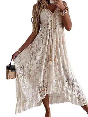 CUPSHE Womens Sleeveless V-Neck Tassel Ruching Dress Lace Up Smocking Ruffle Maxi Dress, Medium, Beige