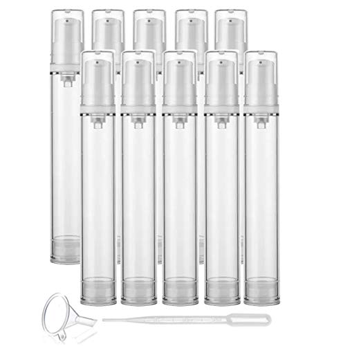 10 Pcs Clear Airless Pump Bottles,Refillable Empty Transparent Plastic Airless Lotion Pump Vacuum Container Diffuser Travel Size Lotion Sample Packing Vial-FREE Funnel,Dropper (15ml/0.5 Qunce)