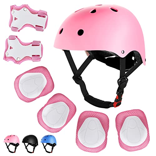 WayEee Kids Bike Helmet Set Skateboard Knee Pads, Helmet Pad Set Protective Gear Set, Adjustable for Girls Kids 3-10 Helmet Elbow Pads Wrist Guards for Sport Cycling Bike Roller Skating Scooter-Pink