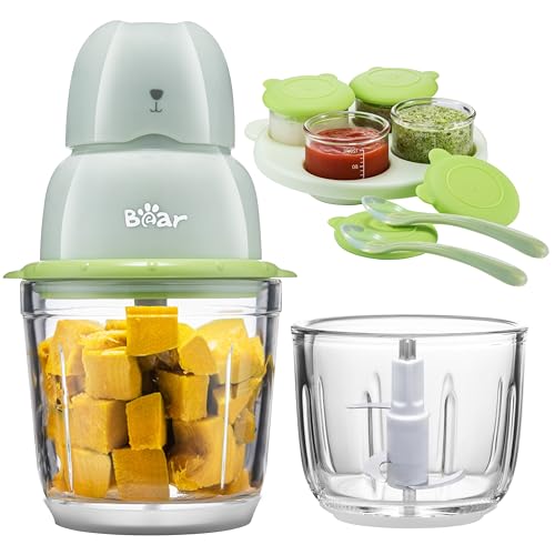 Bear Baby Food Maker, Baby Food Processor Set for Fruit, Vegetable, Meat, Baby Food Puree Blender with 2 Glass Bowls (0.6L+0.3L), Baby Food Containers, Baby Spoons