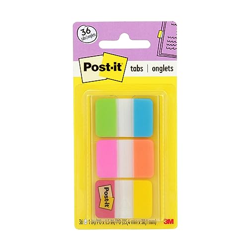 Post-it Tabs, 1 in Solid, Aqua, Yellow, Pink, Red, Green, Orange, 6/Color, 36/Dispenser (686-ALOPRYT)