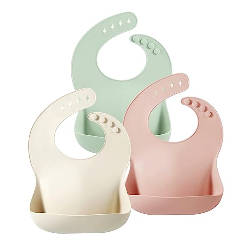 PandaEar Silicone Baby Bibs Set of 3 for Babies & Toddlers, BPA Free Waterproof Adjustable Feeding Bib with Large Pocket Food Catcher