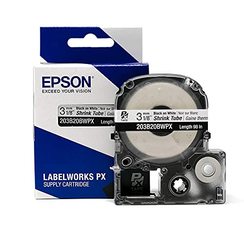 Epson LABELWORKS 203B20BWPX Tape Cartridge - Black on White Shrink Tube Industrial Label Maker Tape - AWG 14-22, 1/8' (3MM) Wide, 8 ft (98')