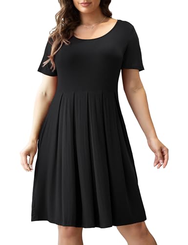 Tralilbee Women Plus Size Casual Loose Soft Crewneck Pockets Stretchy Swing T-Shirt Dress Black 3XL