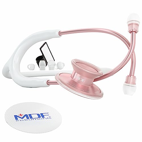 MDF Instruments, Acoustica Lightweight Stethoscope for Doctors, Nurses, Students, Home Health Use, Adult, Dual Head, White Tube, Rosegold (Matte Finish) Chestpiece-Headset, MDF747XPRG29