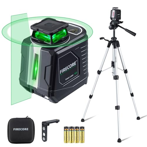 Firecore 360° Laser Level with Tripod, Green Self Leveling Cross Line Laser Tool with 3 Brightness Adjustment Pulse Mode for Floor Tile Wall Construction, L-Bracket, Batteries & Carry Pouch Included