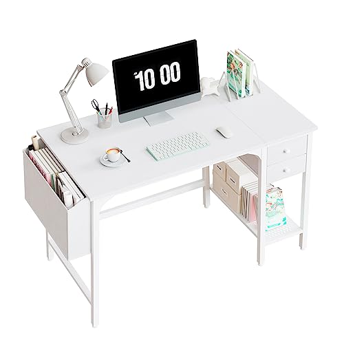 Lufeiya White Small Desk with Drawers - 40 Inch Computer Desk for Small Space Home Office, Modern Simple Study Writing Table PC Desks