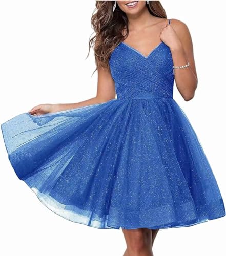 Wchecalino Blue Glitter Tulle Homecoming Dresses 2024 for Women V Neck Mini Party Cocktail Dress 18