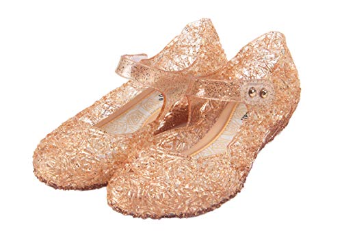 GUGUYeah Princess Costumes Flats Shoes, Gold Jelly Princess Birthday Sandals for Little Girls, Toddler or Kids US Size 11 Gold