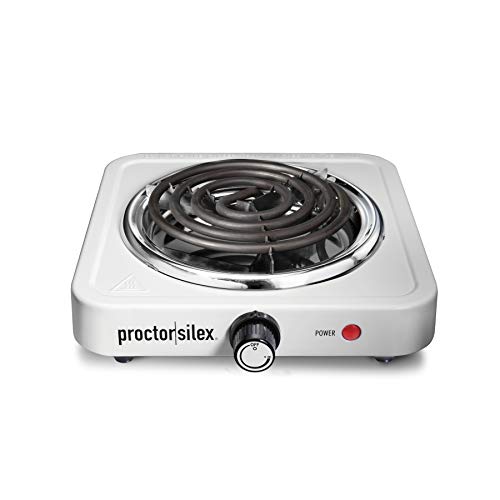Proctor Silex Electric Stove, Single Burner Cooktop, Compact and Portable, Adjustable Temperature Hot Plate, 1200 Watts, White & Stainless (34106)