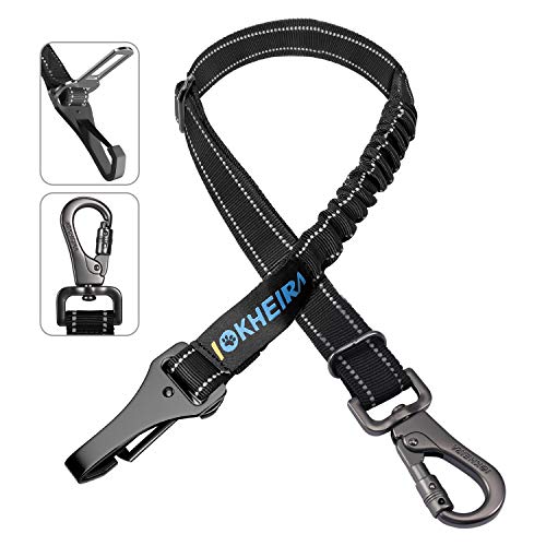 Dog Seat Belt 3-in-1 Car Harness for Dogs Adjustable Safety Seatbelt for Car Durable Nylon Reflective Bungee Fabric Tether with Clip Hook Latch & Buckle, Swivel Zinc Alloy Carabiner (Black)