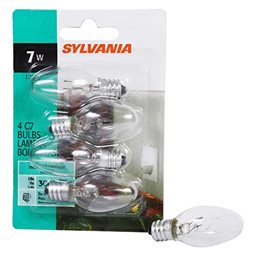 SYLVANIA Incandescent 7W C7 Night Light Bulb, E12 Candelabra Base, 40 Lumens, Clear Finish, 2850K, Warm White - 4 Pack (13545)
