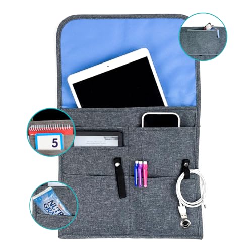 SO~MINE Airplane Pocket Organizer | Tray Table Cover | In Flight Seat Back Organizer Bag | Commuter Essential Travel Bag | Media Pouch For Flying | Travel Gift | Attaches To Luggage | Charcoal/Cobalt