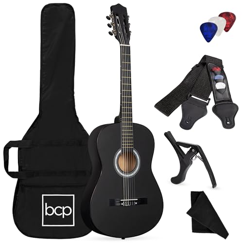 Best Choice Products 38in Beginner All Wood Acoustic Guitar Starter Kit w/Gig Bag, 6 Celluloid Picks, Nylon Strings, Capo, Cloth, Strap w/Pick Holder - Matte Black