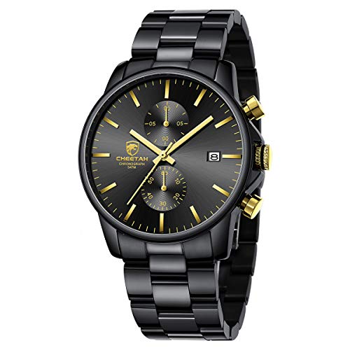 GOLDEN HOUR Men's Watches with Black Stainless Steel Metal Strap Fashion Casual Waterproof Chronograph Quartz Watch, Auto Date in Gold Hands