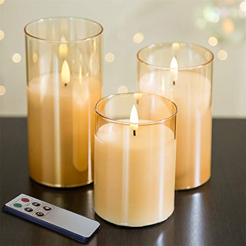 Eywamage Gold Glass Flameless Candles with Remote, Flickering Real Wax Wick Battery LED Pillar Candles 3 Pack Φ 3' H 4' 5' 6'