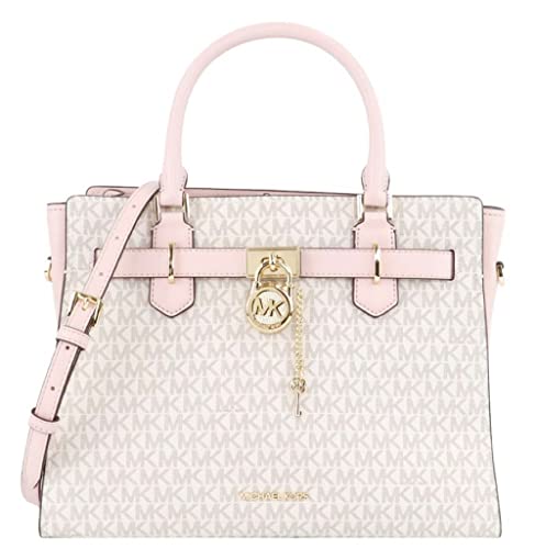 Michael Kors Hamilton Medium Vanilla MK Signature Pink Satchel Crossbody Handbag