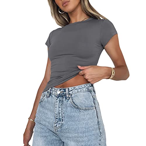 Women's Sexy Short Sleeve Crop Top Casual Slim Fit Crew Neck Tee Basic Skinny Tshirts Gray