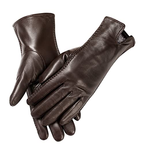 MaxW Winter Womens Leather Gloves Brown Touchscreen Sheepskin Gloves Soft Warm Driving Cycling Mitten Faux Rabbit Fur Lining S