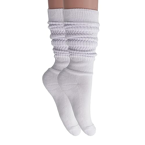 AWS/American Made Slouch Socks Cotton Scrunch Knee High Extra Long and Heavy Socks (White, 2)