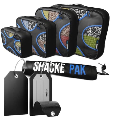 Shacke Pak - 5 Set Packing Cubes with Laundry Bag (Black/Blue) & Luggage Tags with Full Back Privacy Cover & Steel Loops - Set of 2 (Black)