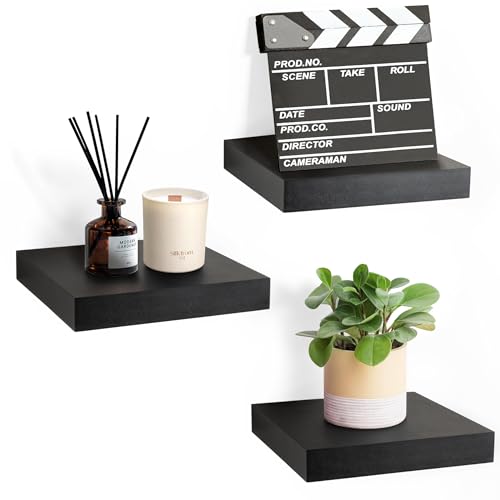 Sorbus Square Floating Shelf for Wall - 3 Small Shelves with Invisible Mounting Brackets for Living Room Decor, Bedroom, Bathroom Decor, Home & Kitchen - 9' Black Wall Shelf to Display Photos Trophies