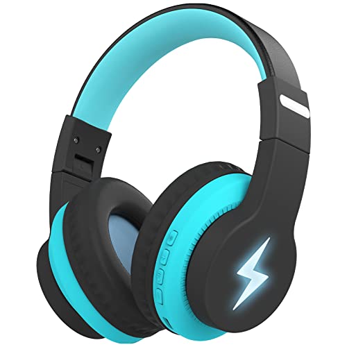 Kids Bluetooth Headphones, Colorful Wireless Over Ear Headset with LED Lights, Built-in Mic, 45H Playtime, 85dB/94dB Volume Limited Headphones for Boys Girls iPad Tablet School Airplane (Blue)