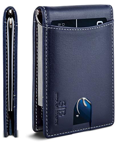 SERMAN BRANDS RFID Blocking Slim Bifold Genuine Leather Minimalist Front Pocket Wallets for Men with Money Clip Thin Gift (Atlantic Blue 1.S)