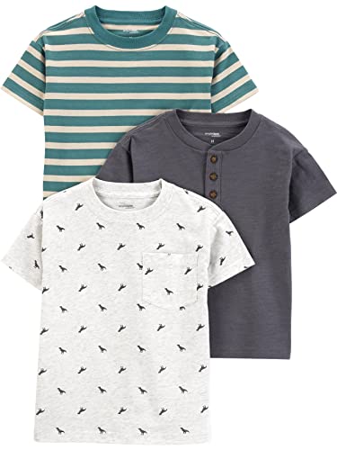 Simple Joys by Carter's Baby Boys' 3-Pack Short-Sleeve Tee Shirts, Dark Grey/Green Stripe/White Dinosaur