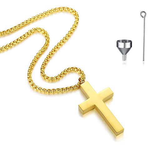 REVEMCN Cross Urn Necklace for Ashes Stainless Steel Cross Pendant Necklace for Men Women 20-24 Inches Chain (Gold Tone (Larger), 24)