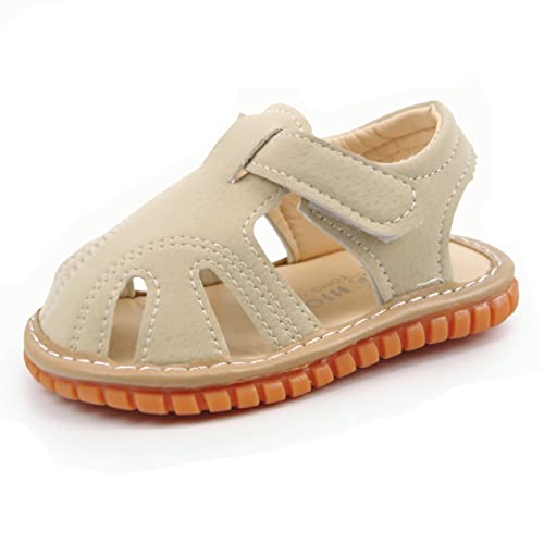 Baby Boy Girl Summer Squeaky Sandals Premium Rubber Sole Closed-Toe Non-Slip Shoes First Walkers,Beige,4.5 Toddler