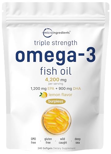 Triple Strength Omega 3 Fish Oil Supplements 4200mg Per Serving, 240 Softgels – Lemon Flavored – Burpless | EPA 1200mg + DHA 900mg | Deep Sea Fish